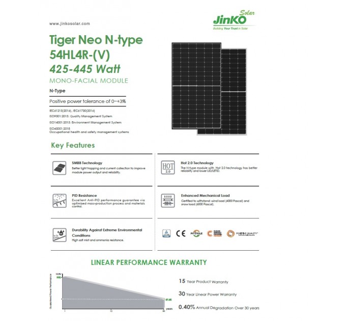 Сонячна панель Jinko Solar JKM425N-54HL4R-V Tiger Neo N-Type