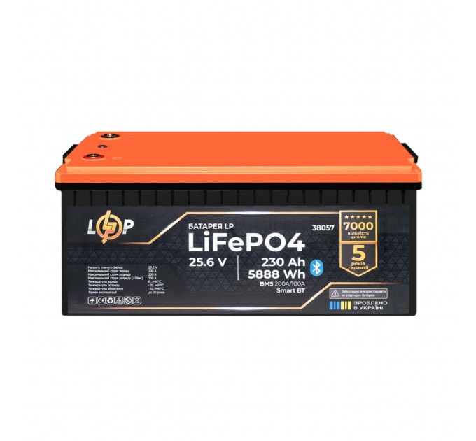 Акумулятор LP LiFePO4 25,6V - 230 Ah (5888Wh) (BMS 200A/100А) пластик Smart BT