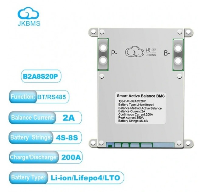 BMS 200A 4S-8S Lifepo4/Li-ion/LTO з активним балансуванням 2A (JK- B2A8S20P) з кнопкою JiKong