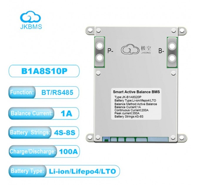 Smart BMS 100A 4S-8S Lifepo4/Li-ion/LTO з активним балансуванням 1A (JK-B1A8S10P-HC) з кнопкою JiKong, CAN-шиною і функцією обігріву акумулятора