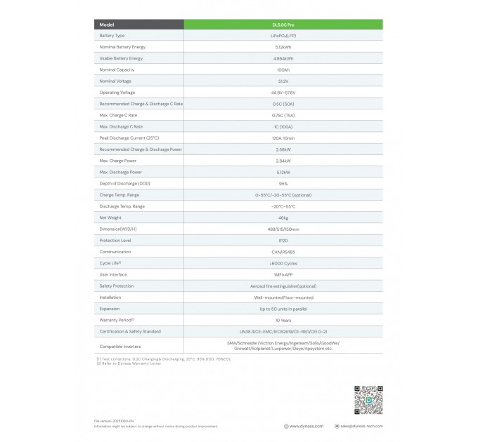 Акумуляторна батарея Dyness DL5.0C Pro LiFePO4 51.2V 100Ah 5.12kWh