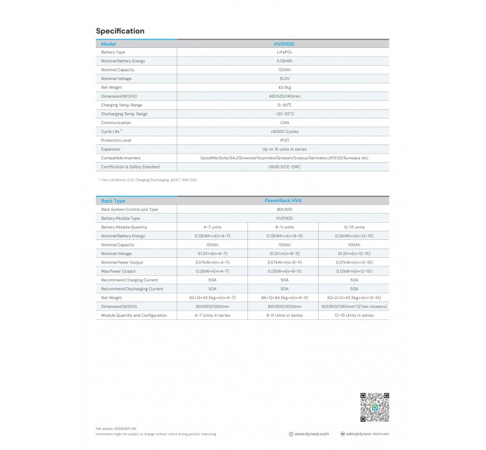 Акумуляторна батарея Dyness HV51100 LiFePO4 51.2V 100Ah 5.12kWh